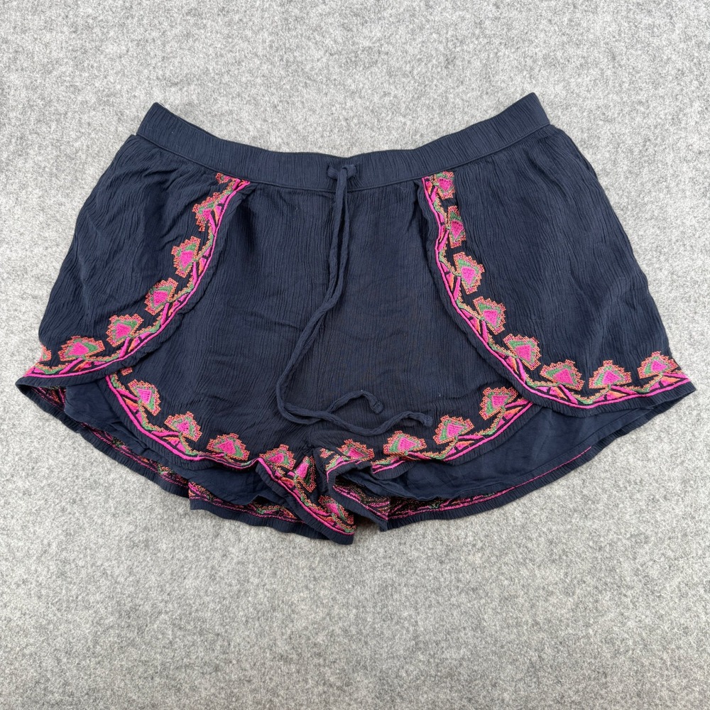 Y2K Hollister Shorts Womens Small Navy Blue Embroidered Tulip Hem Boho